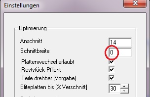 woodworks Einstellungen Schnittbreite